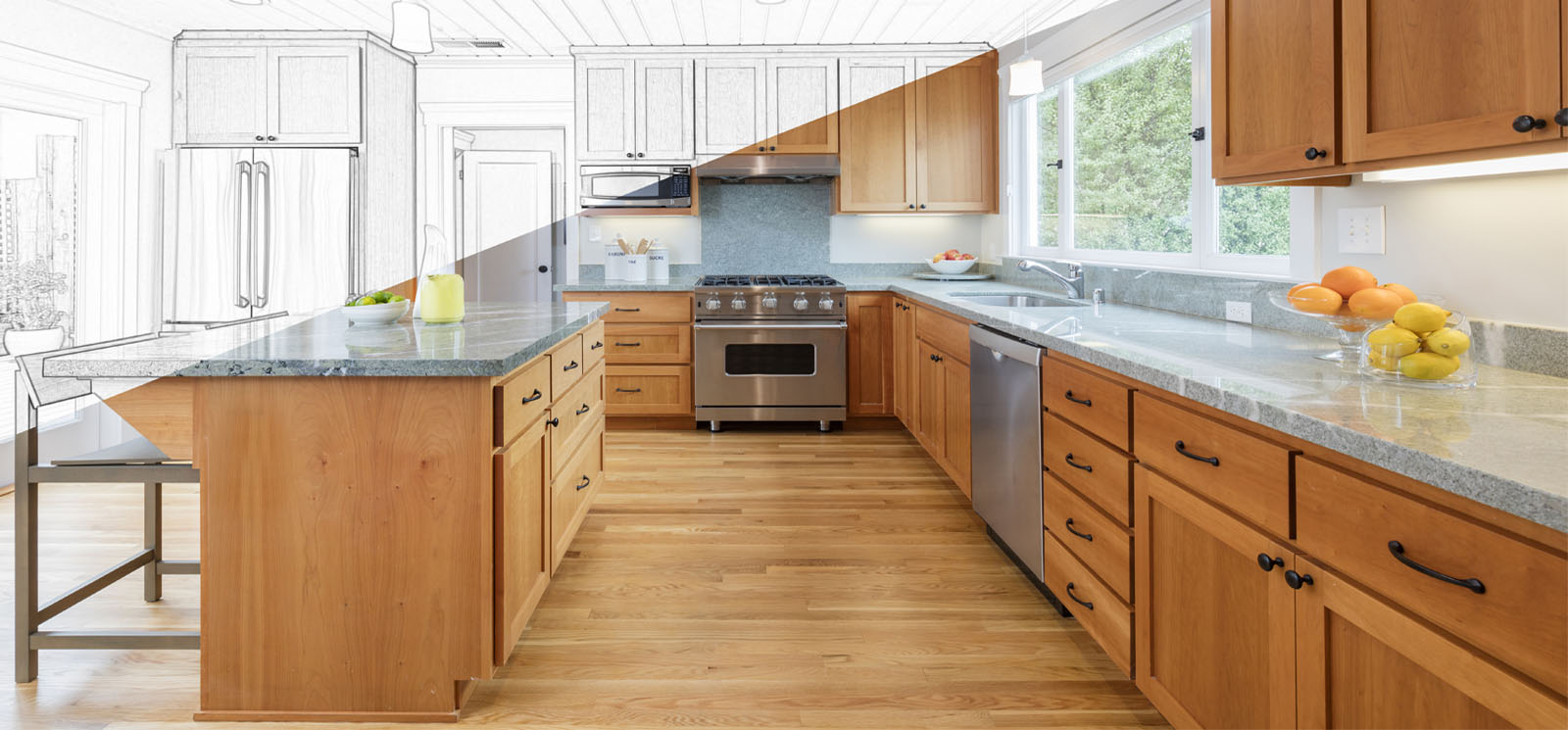 Image shows a remodeled kitchen in a home.