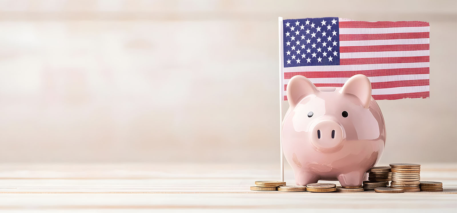Patriotic Piggy Bank with USA Flag and Coins