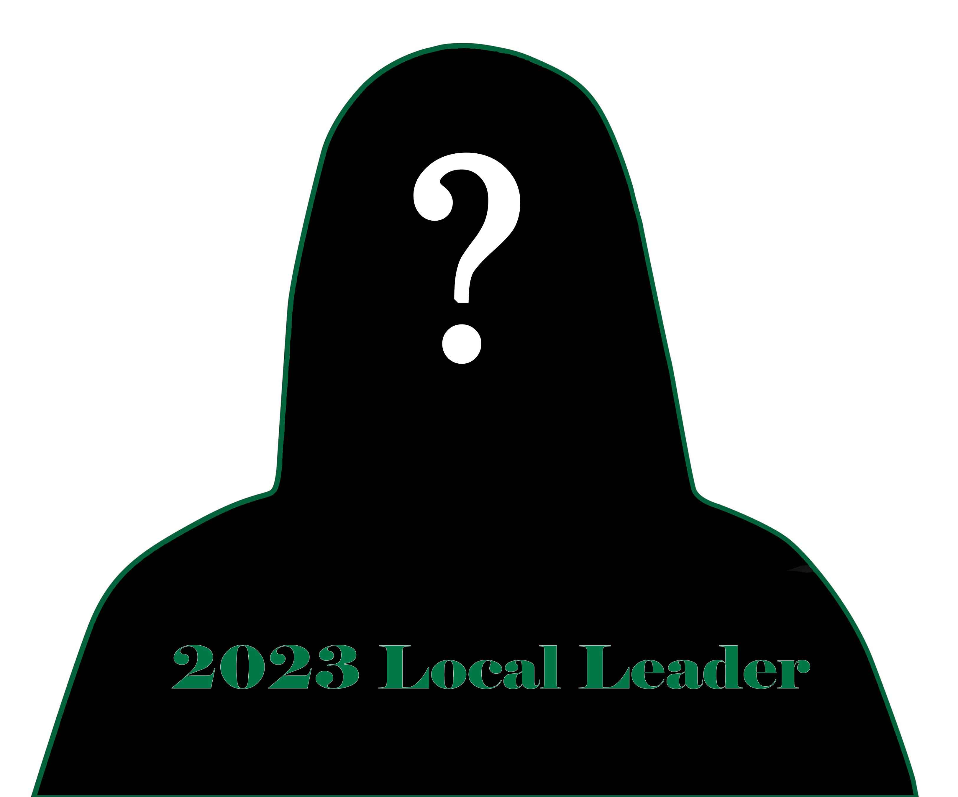 Silhouette of person with question mark on face and local leader across chest