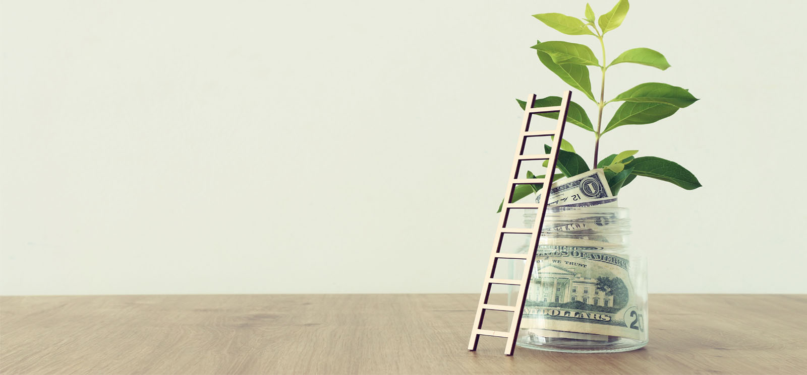Image of a savings jar and ladder. Money investment and financial growth concept.
